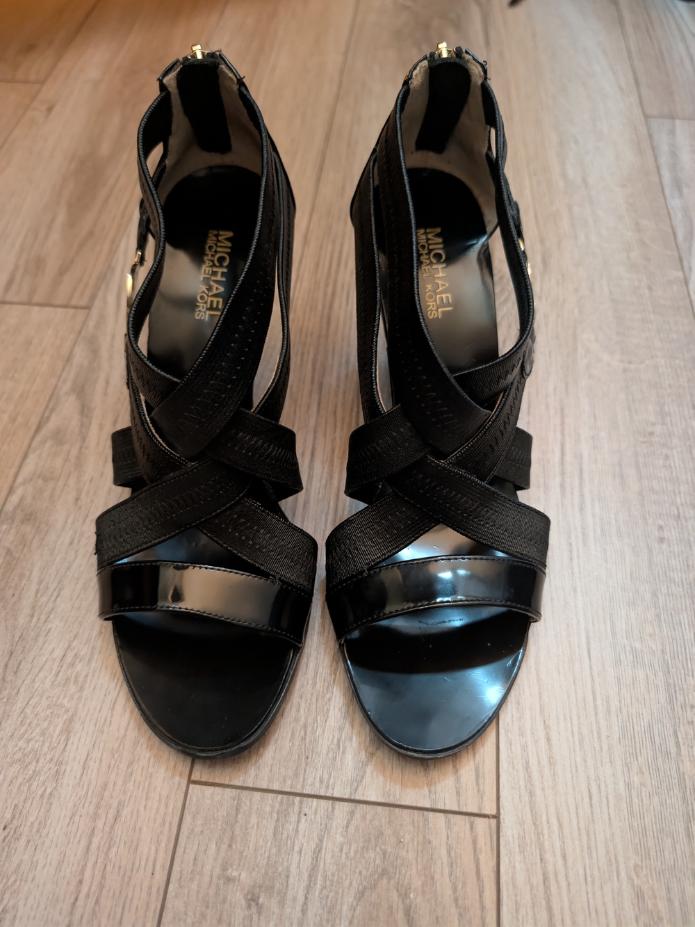 Michael Kors Black Crisscross Wedge Sandals with Patent Strap
